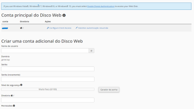 Disco WEB - Por favor, crie uma conta no Disco Web para facilitar o gerenciamento, navegação, upload e download de arquivos em nosso servidor web. Os diretórios da conta do Disco Web são relativos ao diretório principal da sua conta. O ícone de casa () representa o seu diretório principal (/home/pasta). Para obter mais informações, consulte a nossa documentação.